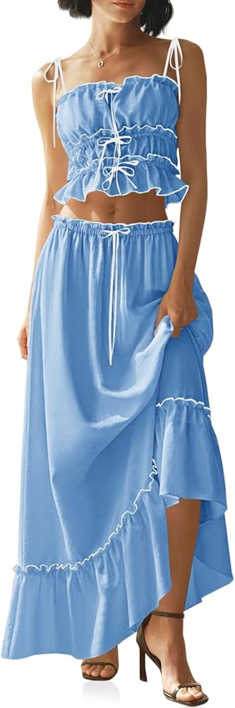 Wenrine Women's Summer 2 Piece Skirt Sets Casual Spaghetti Straps Cropped Cami Ruffle Maxi Skirt ... | Amazon (US)