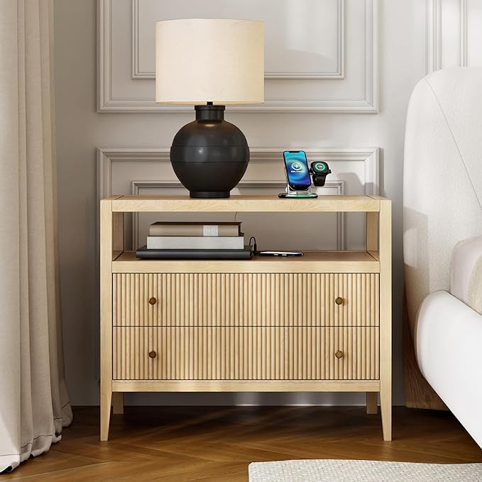 homary Smart Nightstand with 2 Drawers, 30" Wide Night Stand with Fluted Design, Built-in Power S... | Amazon (US)