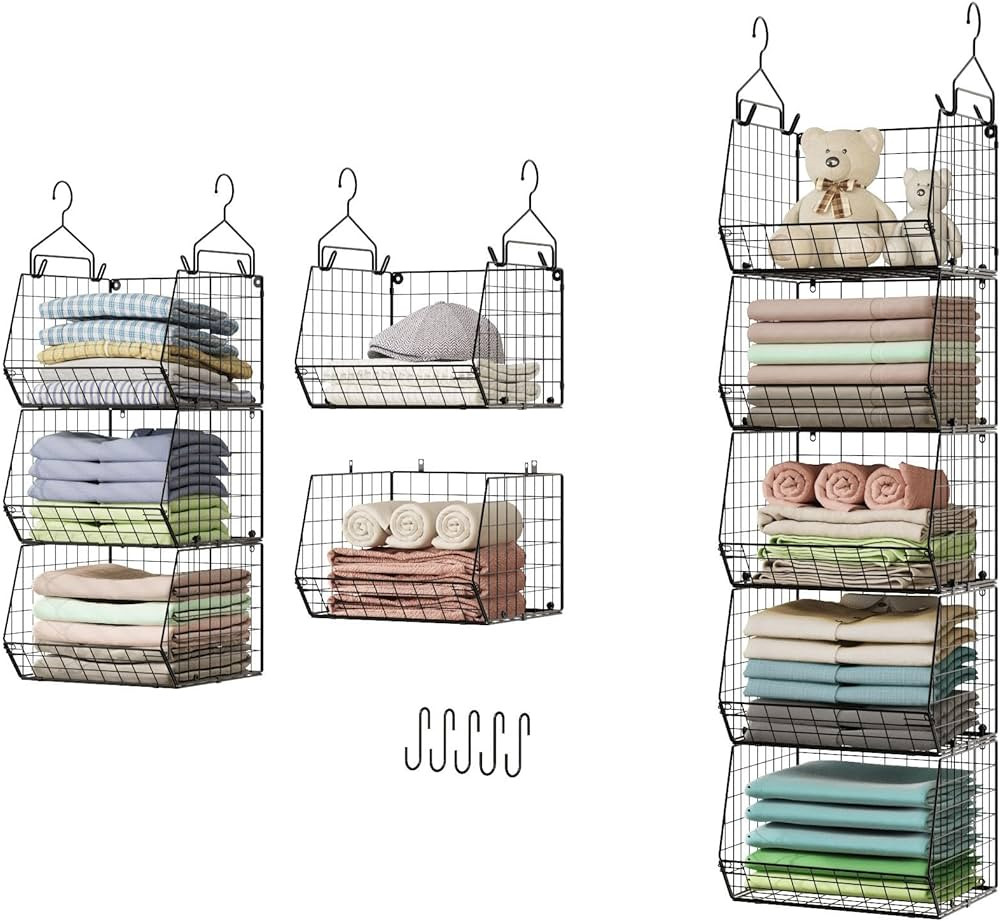 5 Tier Closet Hanging Organizer, Clothes Hanging Shelves with 4 Hanging Hooks 5 S Hooks, Wire Sto... | Amazon (US)