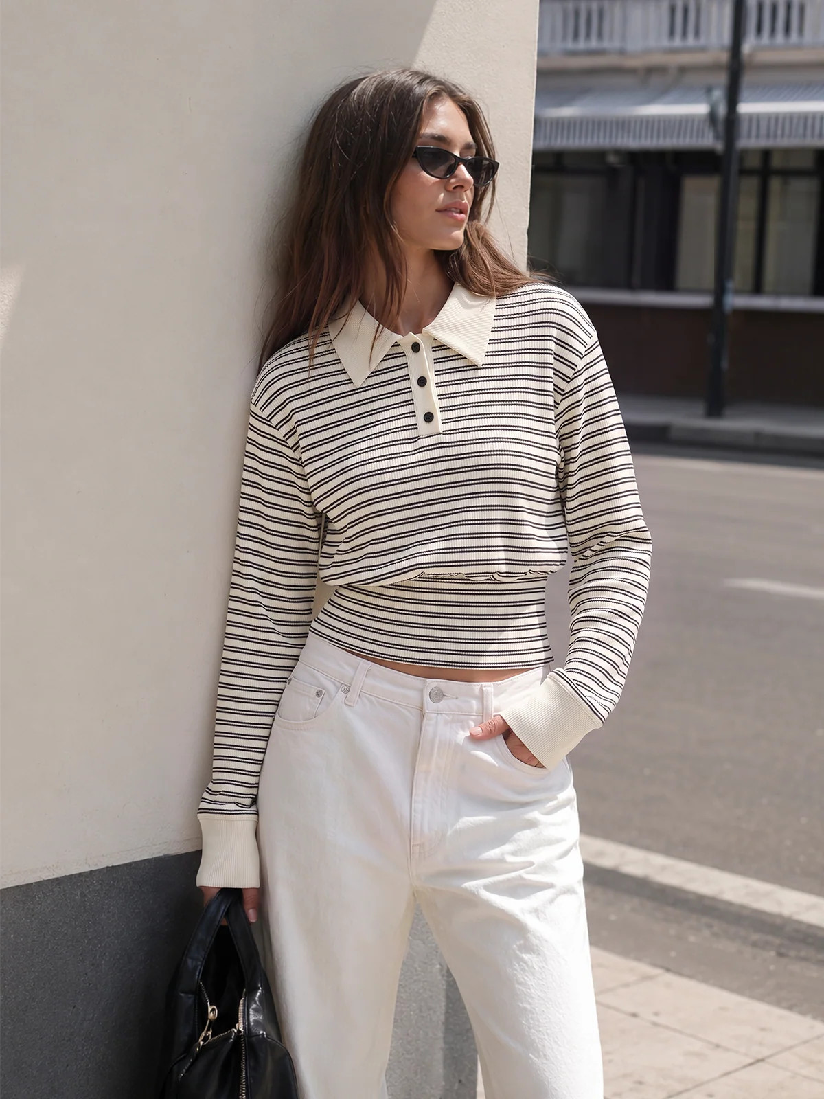 Striped Polo Ribbed Long Sleeve Top | Commense