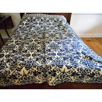 Exquisite Dated 1854 Antique 19Th Century Jacquard Blue Cream Floral Wool Coverlet Bedspread French Country Farmhouse Machine Loomed Spread | Etsy (US)