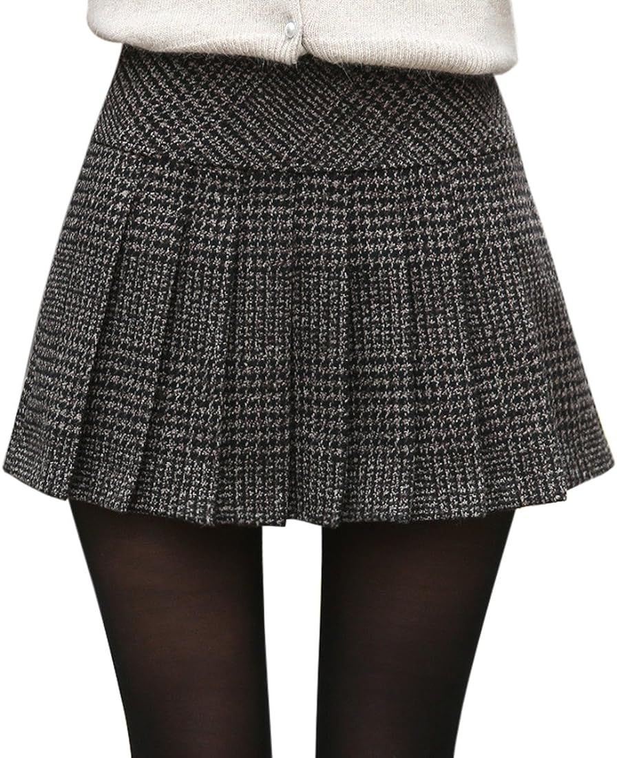 chouyatou Women's Casual Plaid High Waist A-Line Wool Pleated Short Skirt | Amazon (US)