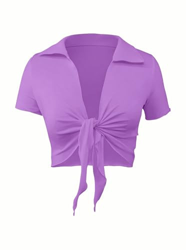 LovelyWholesale Sexy Tie Front Tops for Women Summer Collar Neck Crop Top Purple PV Small | Amazon (US)