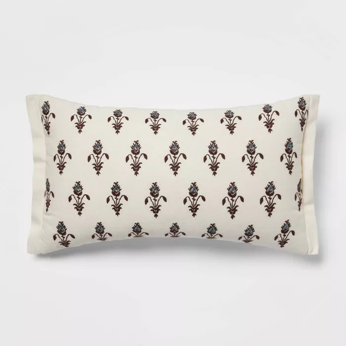 12"x20" Floral Embroidered Lumbar Throw Pillow with Beads Cream/Blue - Threshold™ | Target
