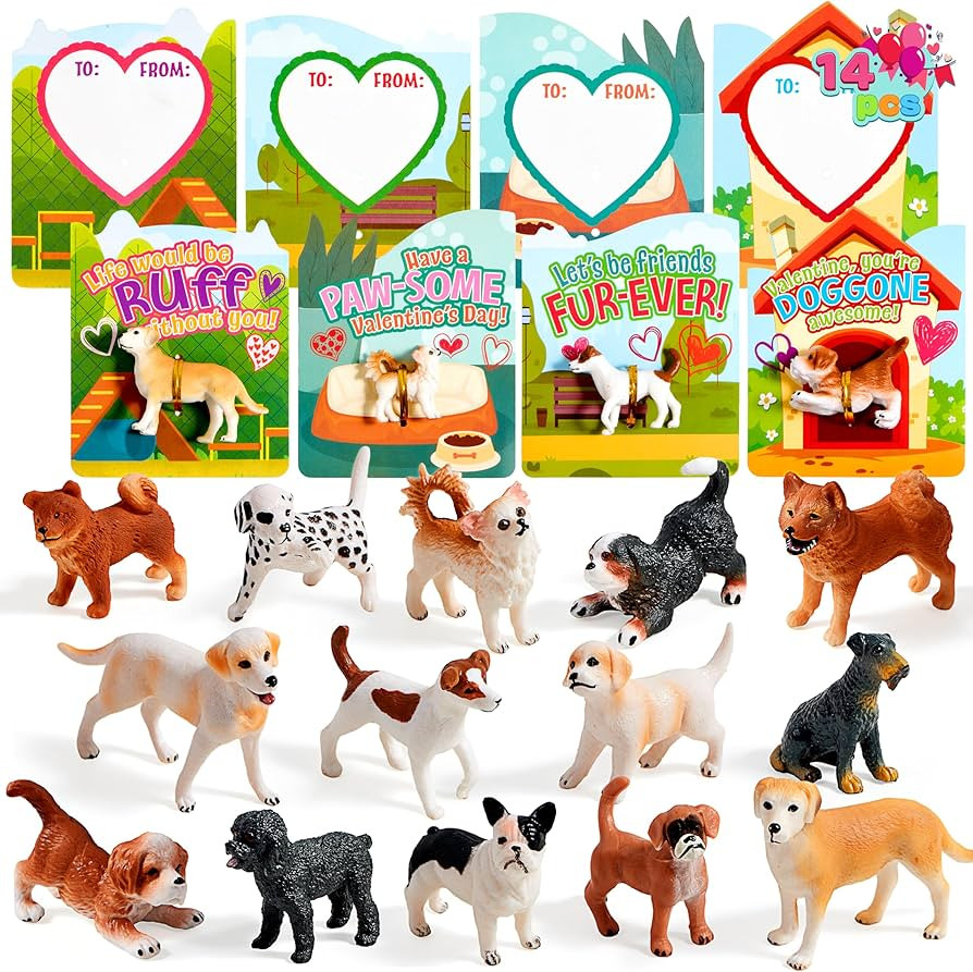 JOYIN 14 Pack Valentines Day Greeting Card with Dog Puppy Figure Toys for Valentine Kids Party Fa... | Amazon (US)