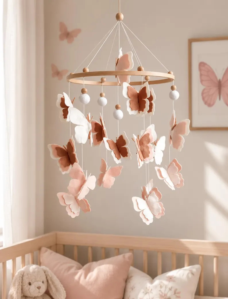 Handmade Felt Butterfly Baby Mobile, Pink Blush Nursery Decor | Etsy (Global)