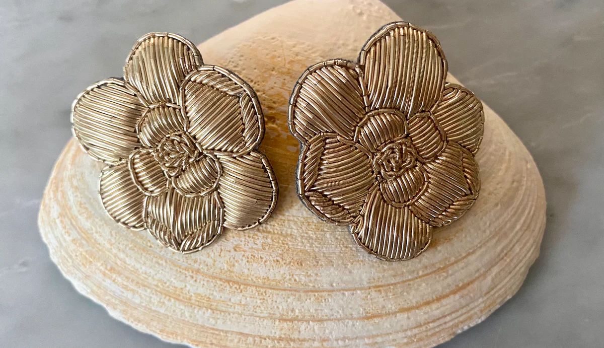 Hand Embroidered Gold Magnolia Bloom Earrings (Flat Back Clip On) | SUE SARTOR