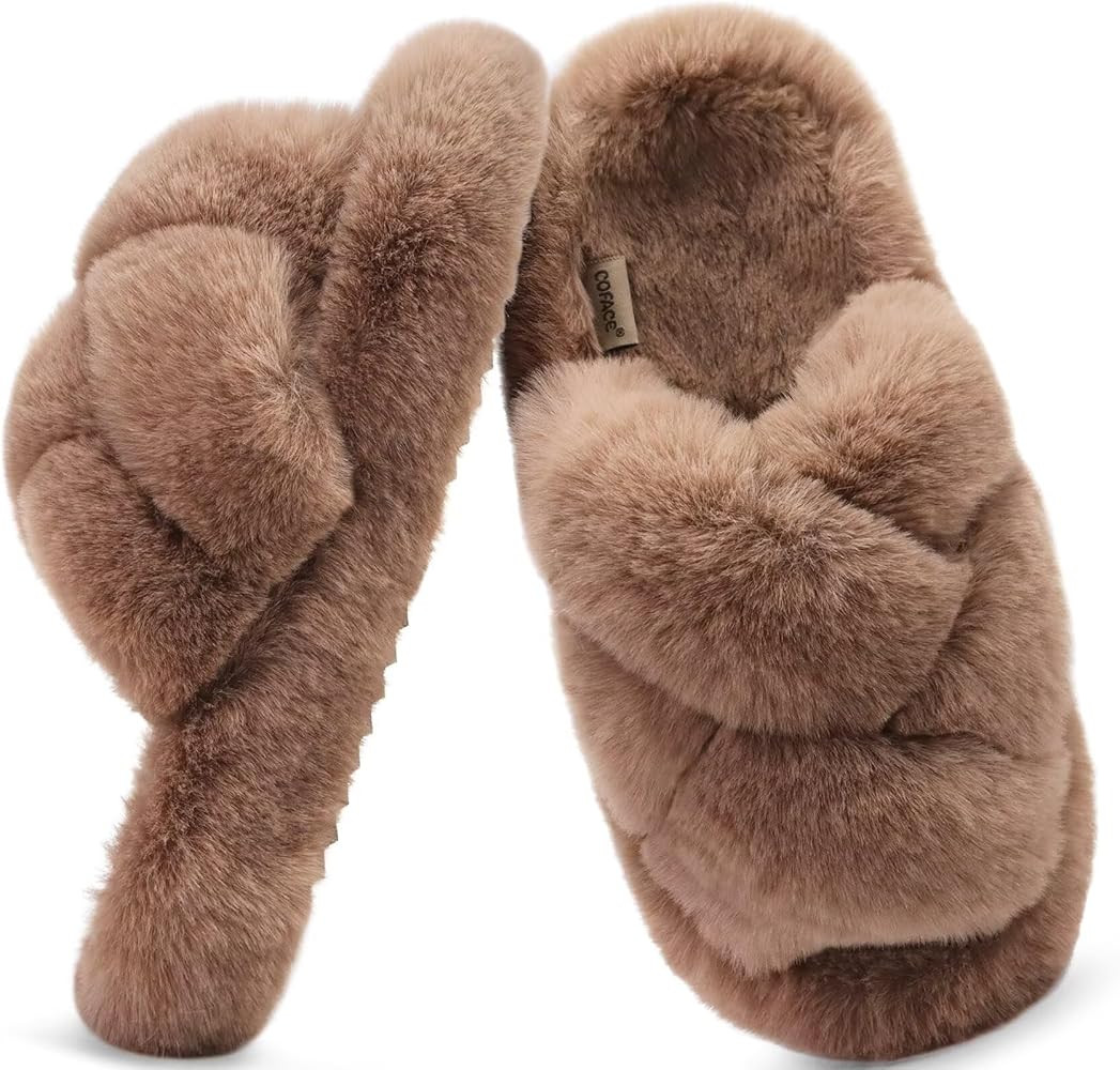 COFACE Women's Fluff Slippers Open Toe Fuzzy Faux Fur Slide Slippers Ladies Comfort House Slipper... | Amazon (CA)