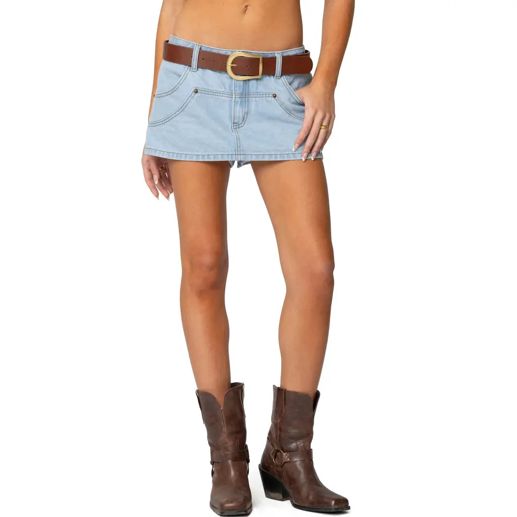 EDIKTED Belted Low Rise Denim Miniskort in Light-Blue at Nordstrom, Size Large | Nordstrom