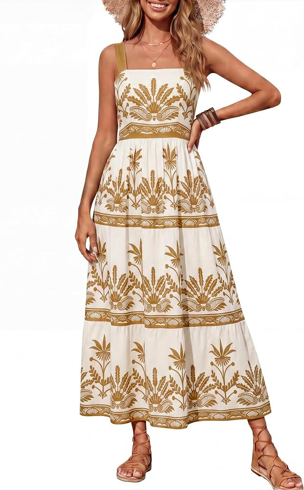 Simplee Womens Summer Boho Floral Maxi Dress Casual Flowy Sleeveless Square Neck Beach Vacation S... | Amazon (US)
