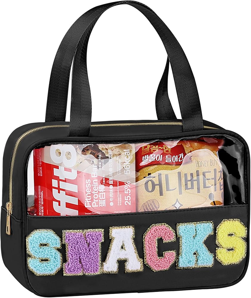 Snack Bag for Travel - Chenille Letter Clear Makeup Bag, Large Preppy Patch Snack Cosmetic Bag wi... | Amazon (US)