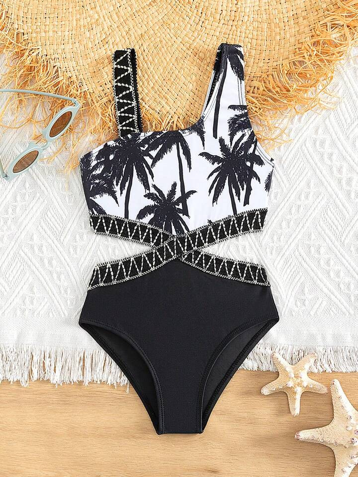 Young Girl 1pc Coconut Tree Print Tape Cut Out Asymmetrical Neck One Piece Swimsuit | SHEIN USA | SHEIN