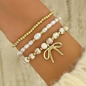 Bow Beaded Bracelet set for Women Stackable StretchBracelets， Pearl Gold bead Ceramic Bead Brac... | Amazon (US)