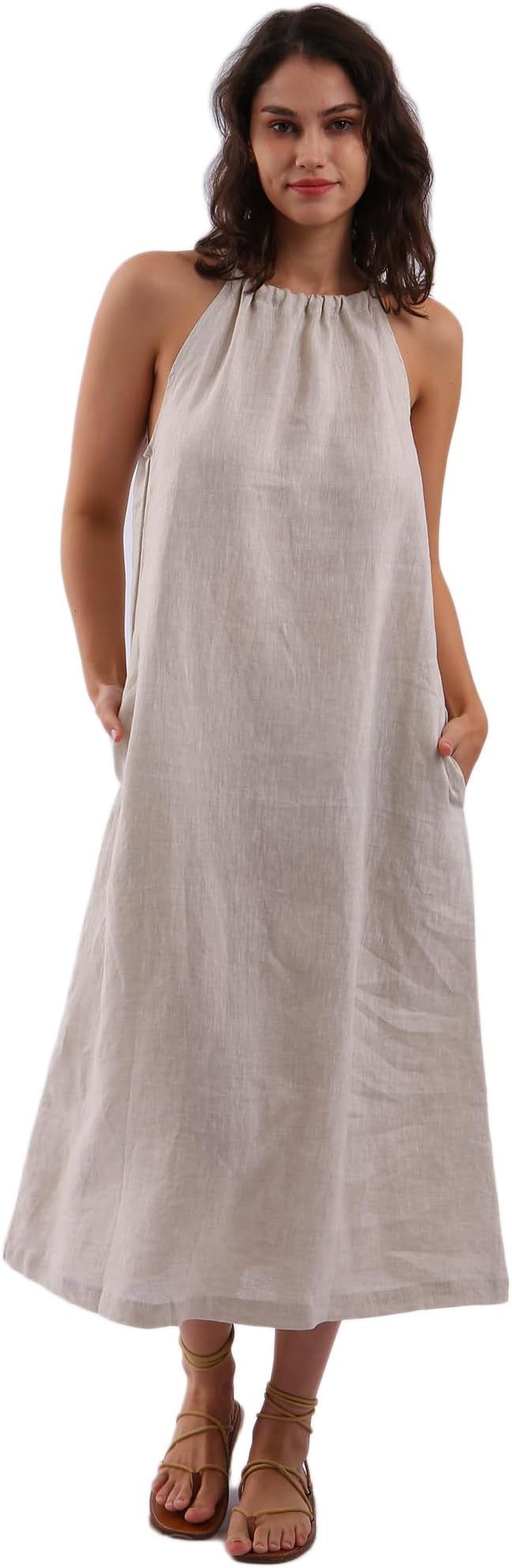 Amazhiyu Womens Linen Halter Sleeveless Maxi Dress Tie Back with Belt and Pockets | Amazon (US)
