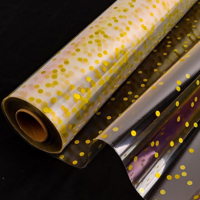 CMFYHM Clear Cellophane Wrap Roll(34" x 120’Ft) 3Mil Gold Polka Dot Cellophane Roll, Cellophane... | Amazon (US)