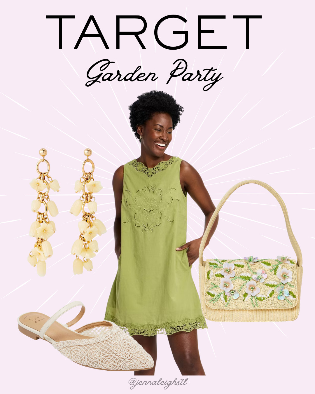 Garden Party from Target. This green cutwork mini shift dress paired with floral accessories is such a fresh and feminine look, perfect for spring events or sunny days out. 

 #LTKootd #LTKSeasonal #LTKMidsize