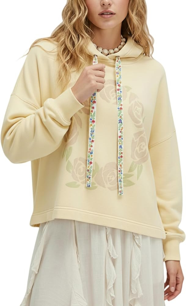 Womens Hoodies Oversized Floral Patchwork Sweatshirt Waffle Drop Shoulder Casual Drawstring Long ... | Amazon (US)