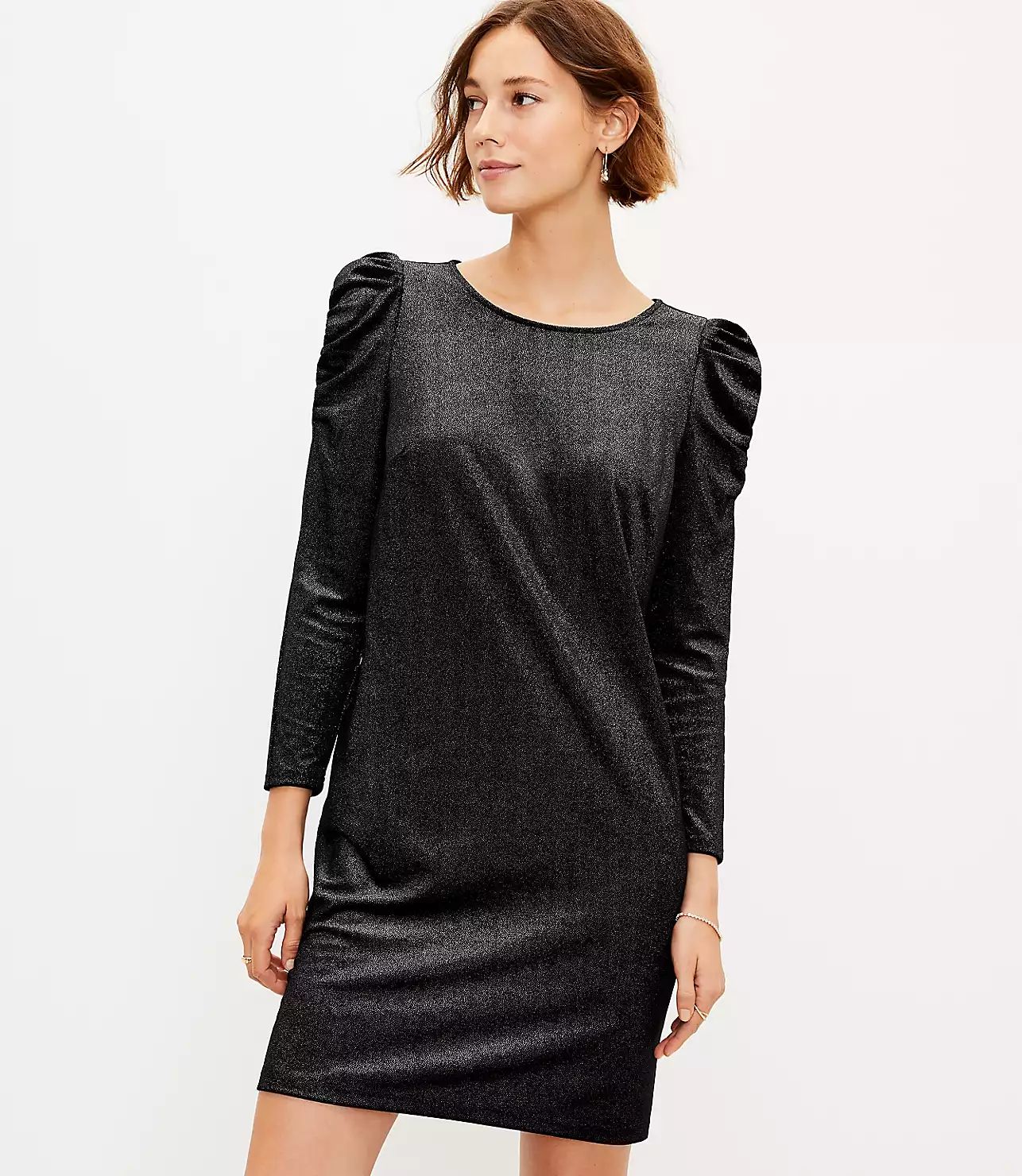 Shimmer Ruched Sleeve Dress | LOFT