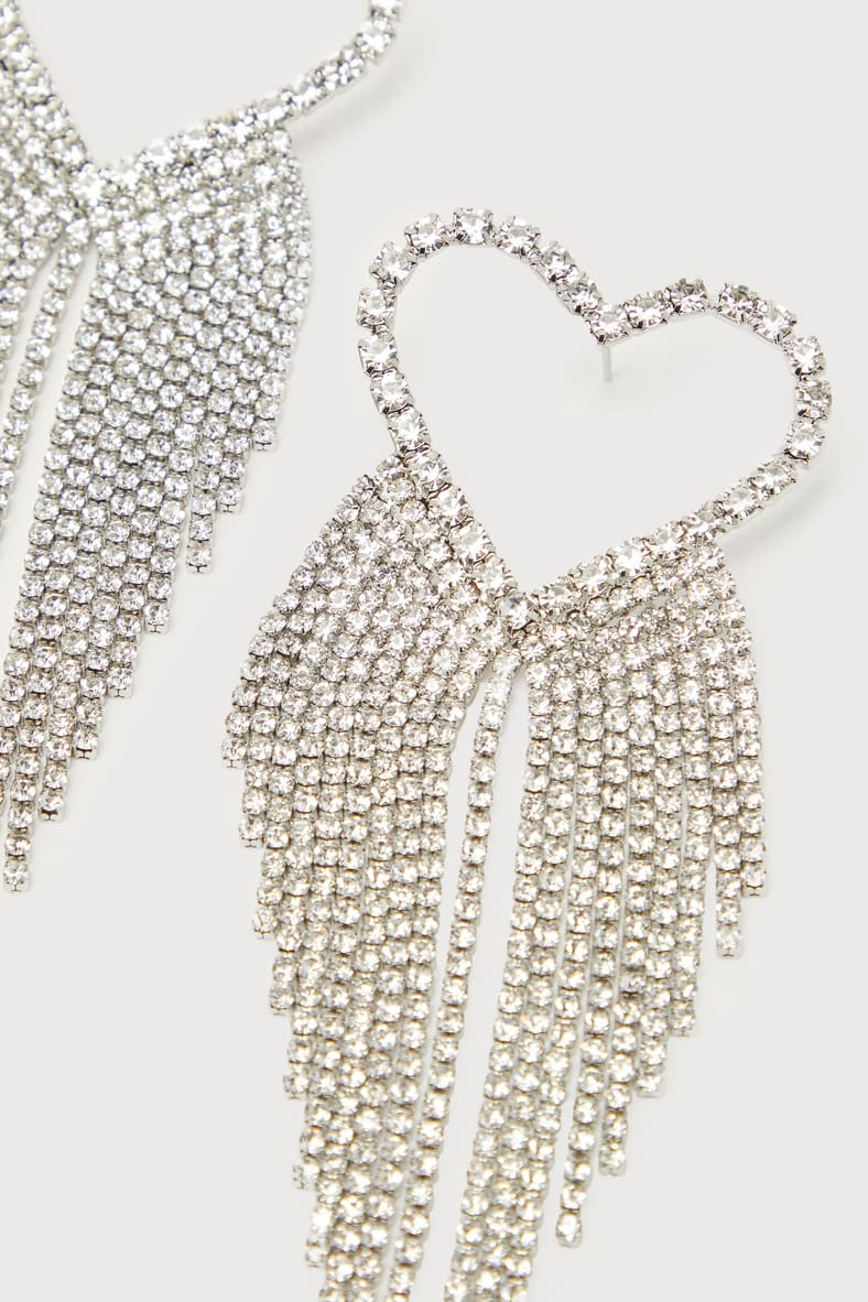 Lovely Sparkle Silver Heart Rhinestone Fringe Earrings | Lulus