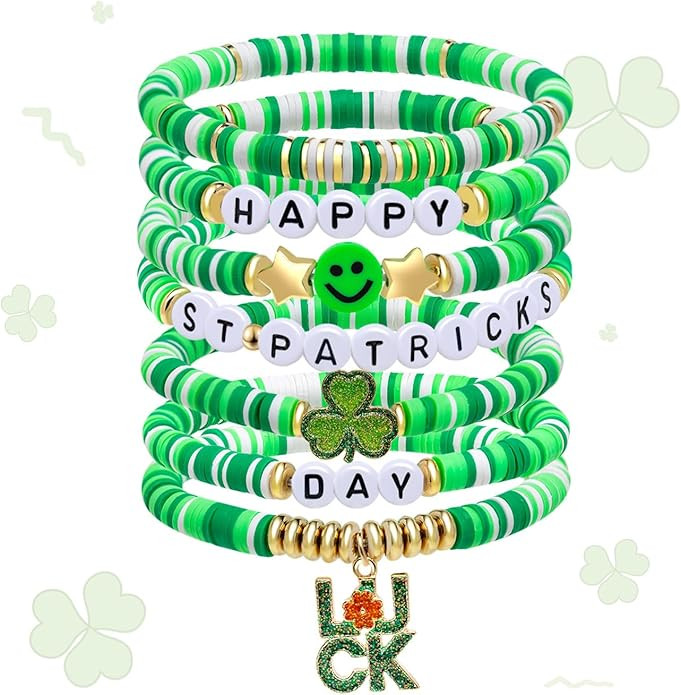 Artlunar St. Patrick's Day Bracelets Shamrock&Luck Charm Green Clay Elastic Stackable Stretch Bra... | Amazon (US)