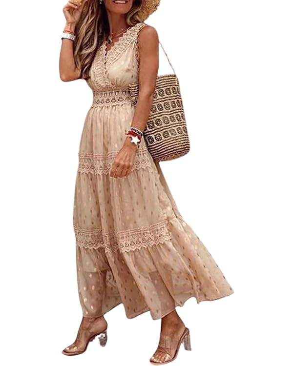 utcoco Womens Lace Crochet Embroidery Sleeveless Maxi Dresses Wrap V Neck Ruffle Flowy Boho Polka... | Amazon (US)
