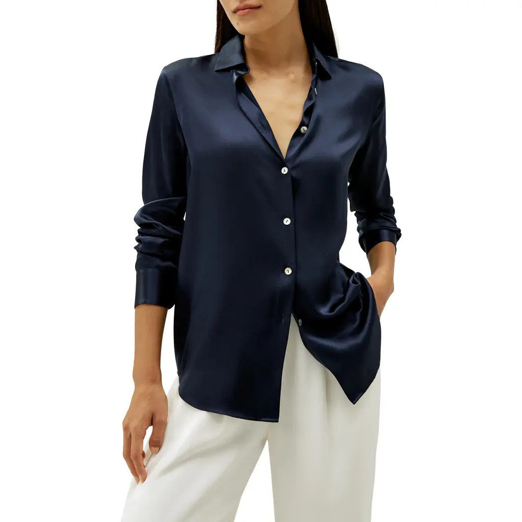 Lilysilk Elegant Button Up Silk Shirt in Navy Blue at Nordstrom, Size X-Large | Nordstrom