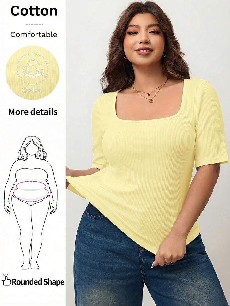 Enliva Plus Size Women's High Elastic Slim Fit Square Neck Short Sleeve T-Shirt, Women's Skin-Friendly Spring And Summer Tee, Friendly To Round Body Curves, Compatible With Apple Rounded Body Shape/2026 /New Year | SHEIN