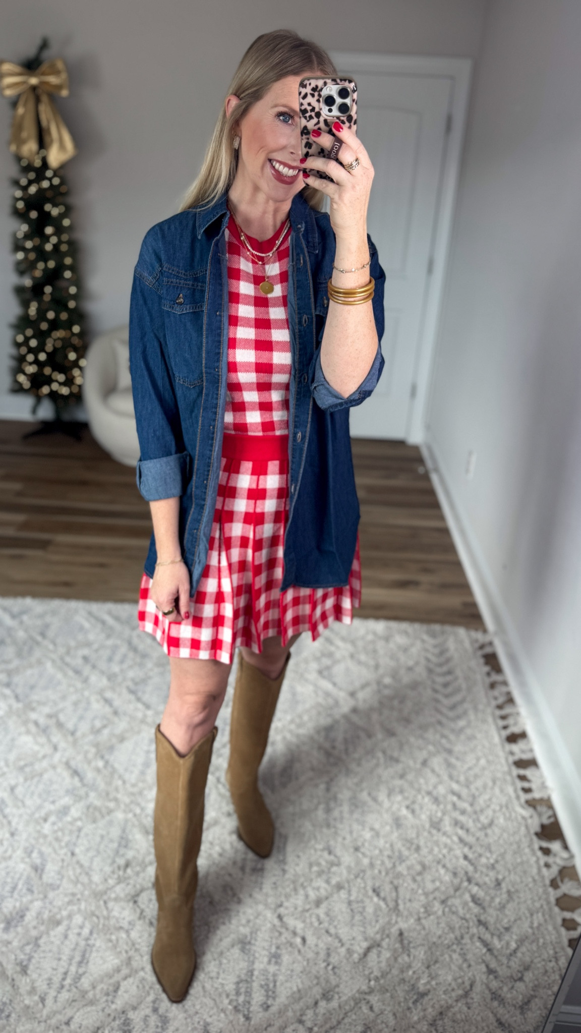 Weekend Walmart Wins Try-On
Oversized denim boyfriend shirt- small
Red gingham sweater shell- small [if between, go up!]
Red gingham sweater skirt- small 

#LTKFindsUnder50 #LTKootd