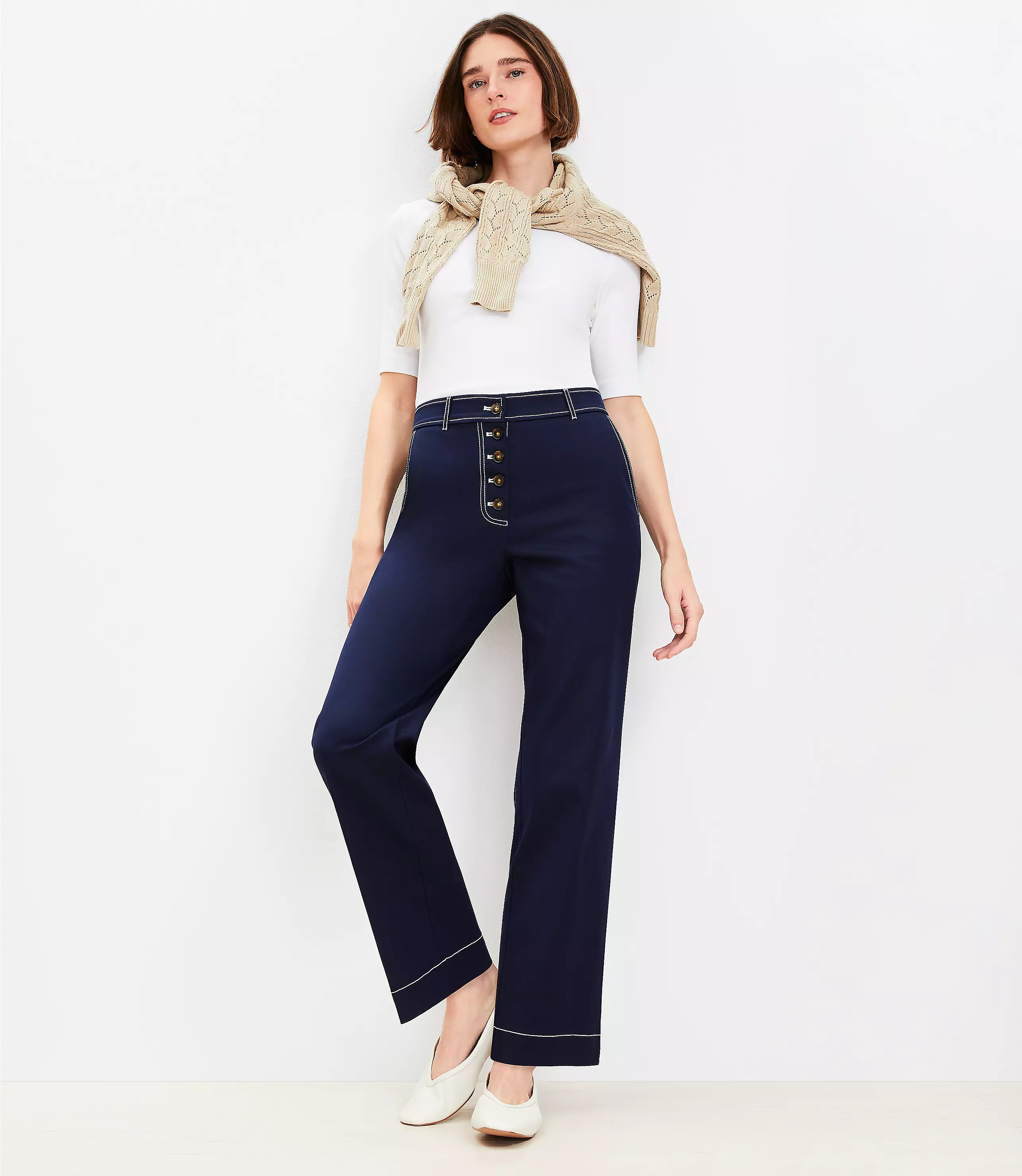 Button Front Straight Pants in Twill | LOFT