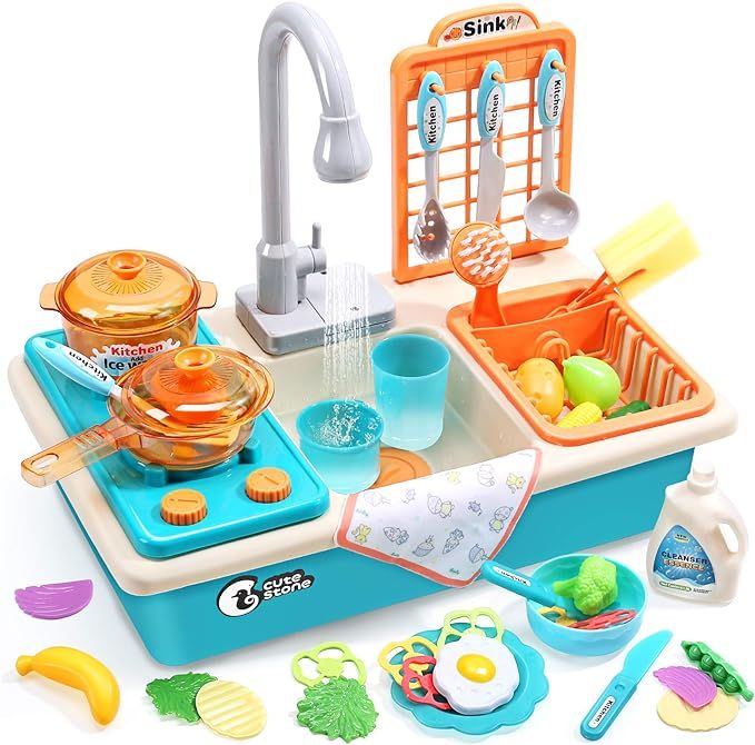 CUTE STONE Play Kitchen Sink Toys with Upgraded Real Faucet, Play Cooking Stove, Cookware Pot and... | Amazon (US)