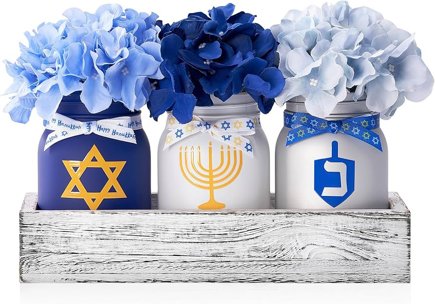 Hanukkah Decorations for Home, Chanukah Table Decor with Mason Jars, Hydrangea, Wood Tray, Hanukk... | Amazon (US)