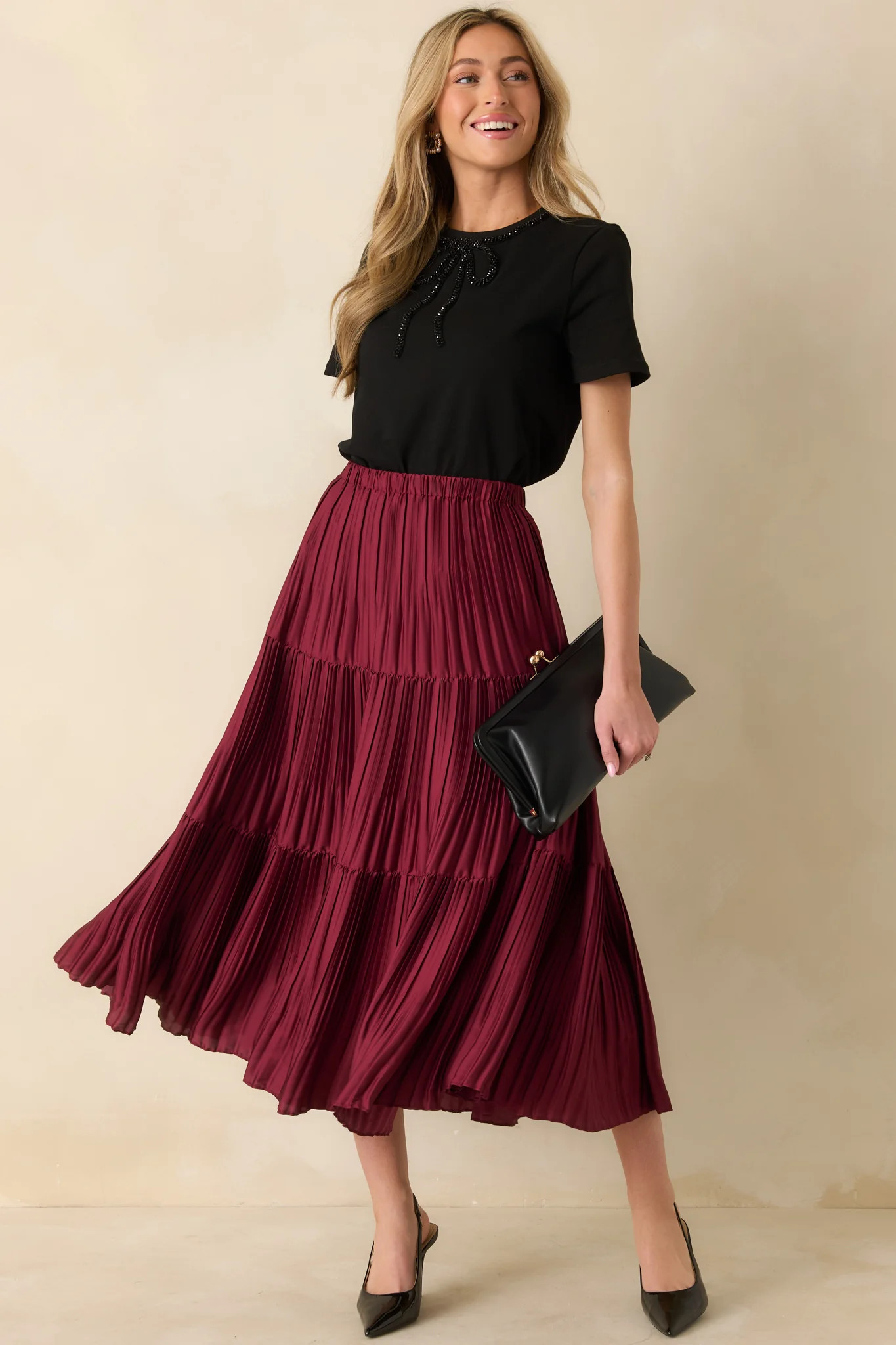 Tied To Charm Black Cotton Beaded Bow Short Sleeve Top | Red Dress