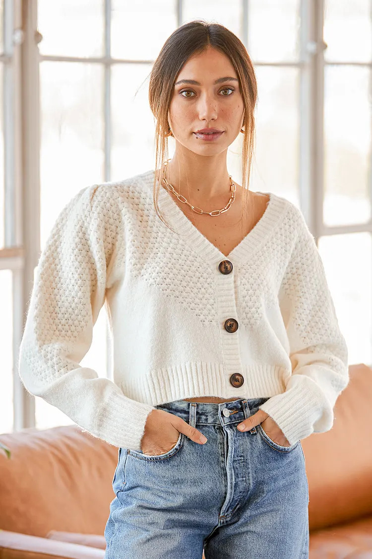 Warming Up to You Off White Knit Cropped Cardigan Sweater | Lulus (US)