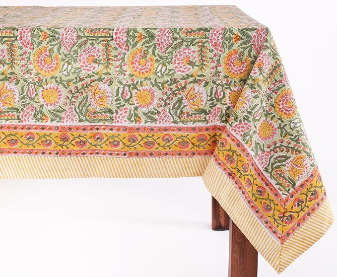 Clover Green 100% Cotton Rectangle Fall Tablecloth, Handblock Floral Print Linen Table Cloth for ... | Amazon (US)