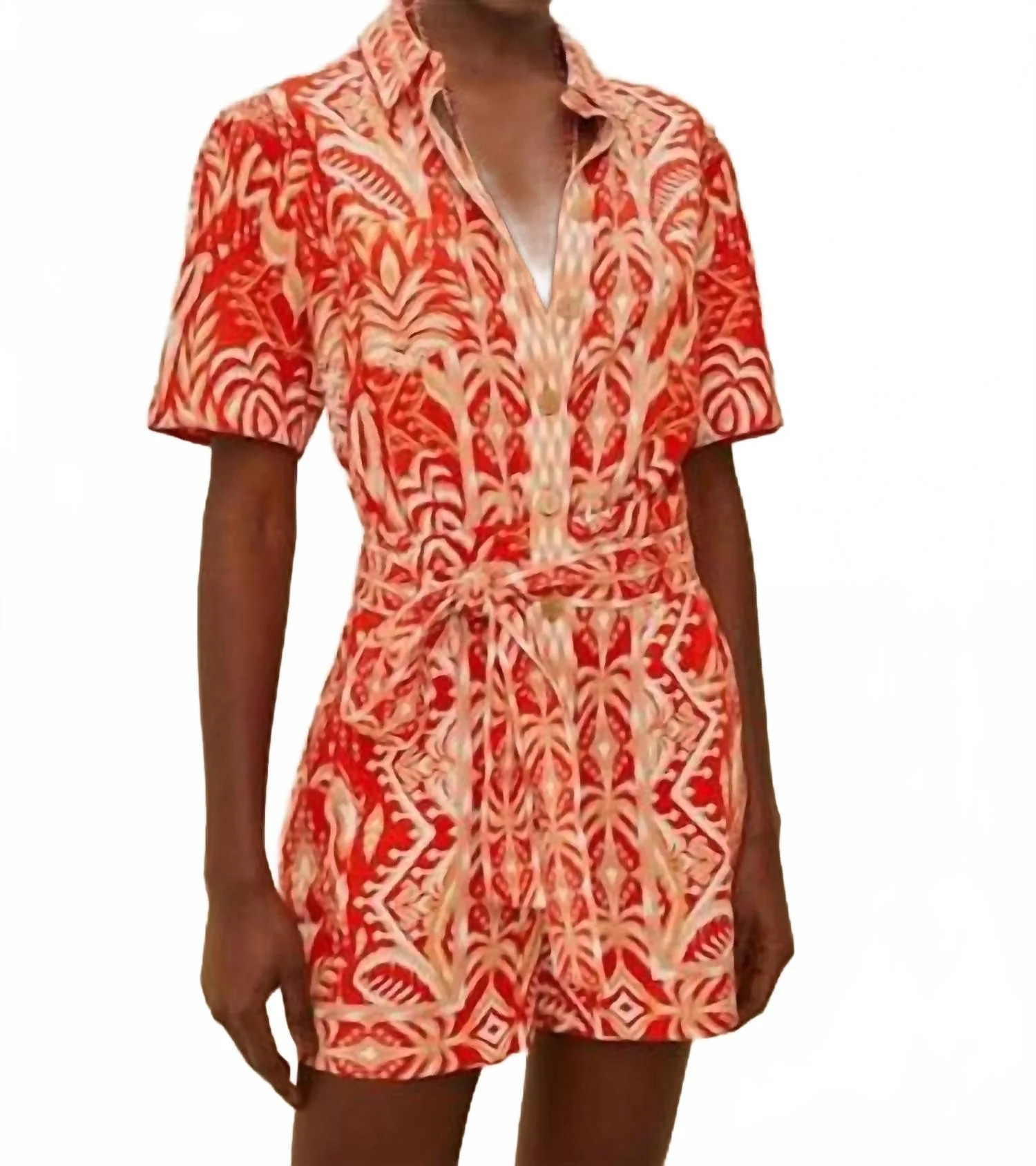 Tropical Tapestry Romper In Red | Shop Simon