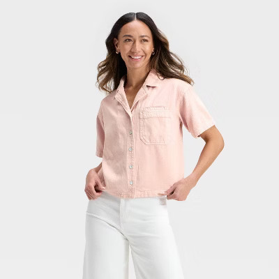 Women's Short Sleeve Button-Down Denim Shirt - Universal Thread™ Pink XL | Target