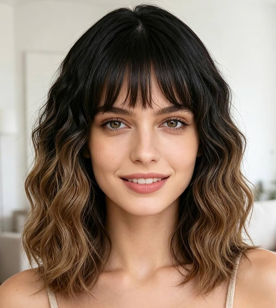 Ombre Brown Wig with Bangs,12 Inch Short Wavy Curly Bob Hair | Amazon (US)