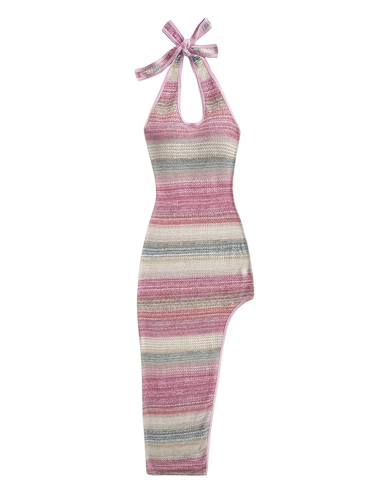 Floerns Women's Colorful Omber Print Halter Dress Sleeveless Striped Bodycon Long Dress | Amazon (US)