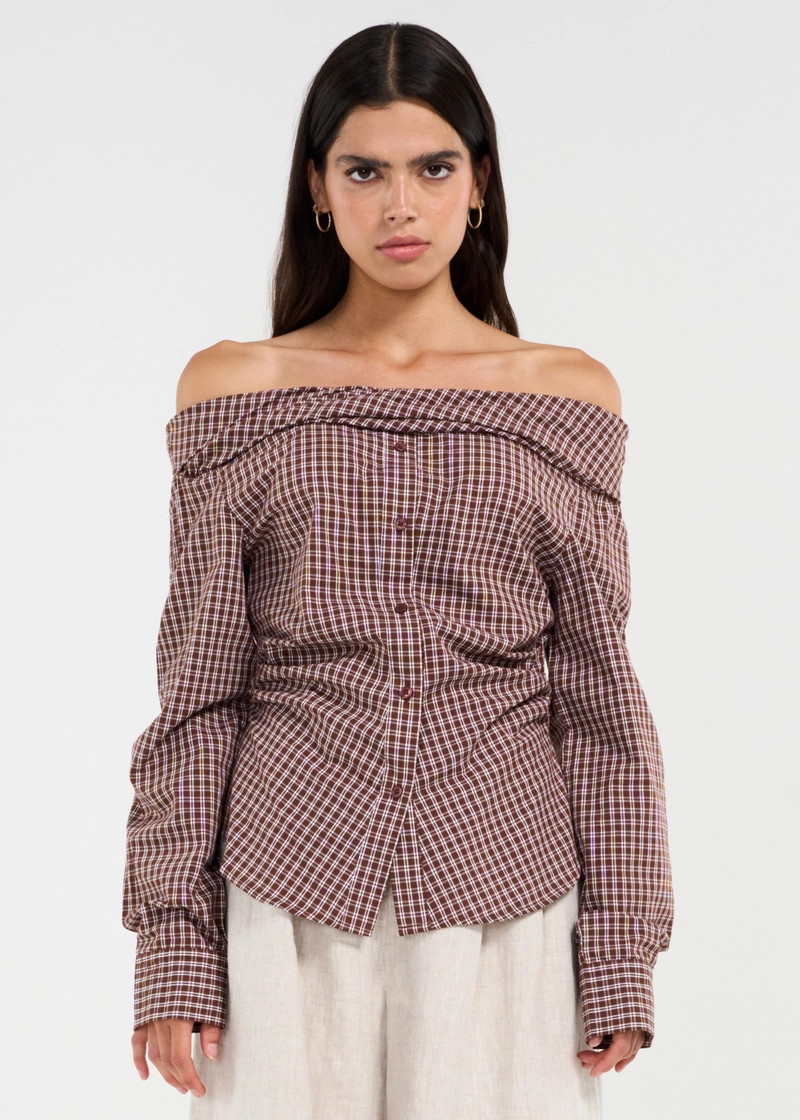LEE OFF SHOULDER BUTTON DOWN IN BROWN PLAID | BNTO