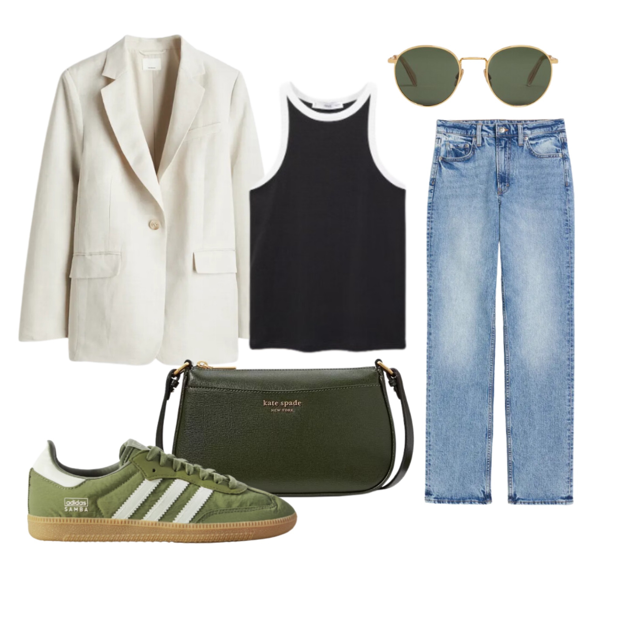 Linen blazer, capsule wardrobe, black tank, jeans, green handbag, green sambas 

#LTKfindsunder100 #LTKshoecrush #LTKworkwear