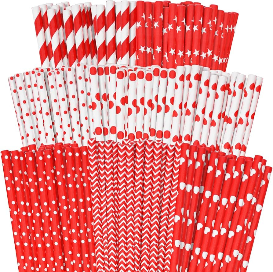 200 Pack Disposable Assorted 8-Style Paper Straws - 7.75 Inches Striped, Heart, and Star Patterne... | Amazon (US)