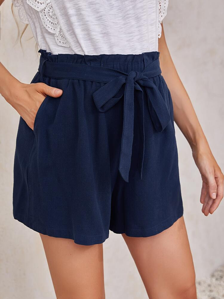 SHEIN Maternity Solid Paperbag Waist Belted Shorts | SHEIN