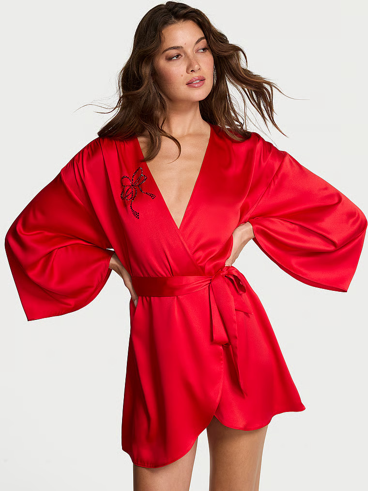 Buy Satin Sparkle Bow Short Robe, Bright Vermillion - Order Robes online - Victoria's Secret US | Victoria's Secret (US / CA )
