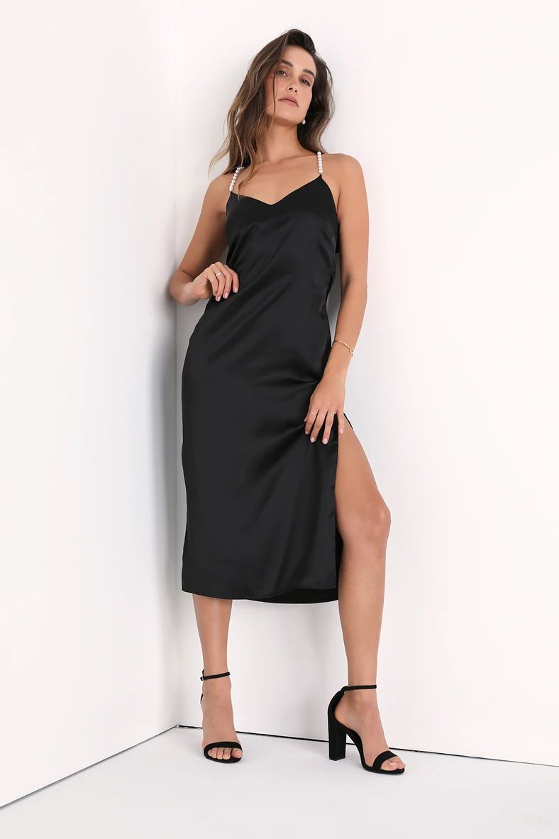 Total Treasure Black Satin Pearl Strap Backless Slip Midi Dress | Lulus (US)