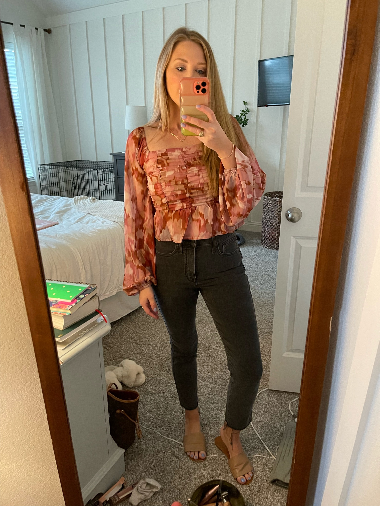 Date night or night out outfit. Slightly cropped blouse & high waisted black frayed jeans with slides. On sale during the LTK sale! 

#LTKfindsunder50 #LTKsalealert #LTKSale