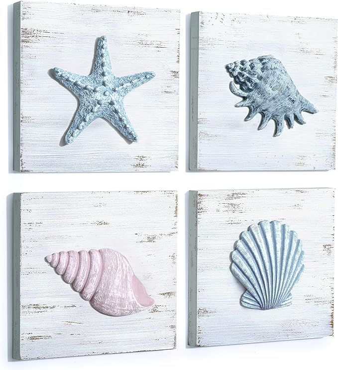 TideAndTales Beach Decor Seashell Wall Art - (Set of 4) Textured 3D Shells and Starfish Decoratio... | Amazon (US)