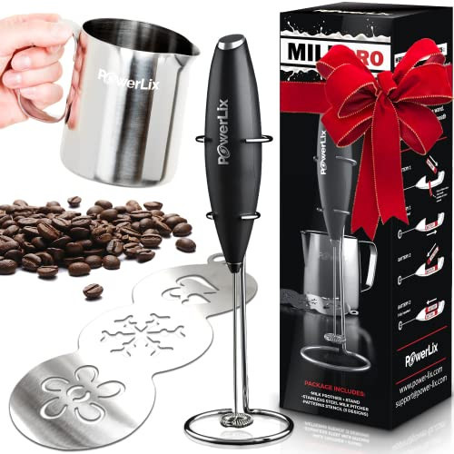 PowerLix Powerful Handheld Milk Frother With Stand Battery Operated Foam Maker Frother Wand For Coffee (A Black) (Milk Frother With Stand Set) | Amazon (US)