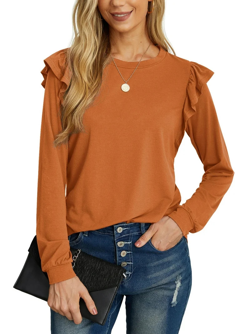 JWD Long Sleeve Shirts for Women Knit Tops Casual Crewneck Ruffle Tops Loose Fit Caramel-Medium | Walmart (US)