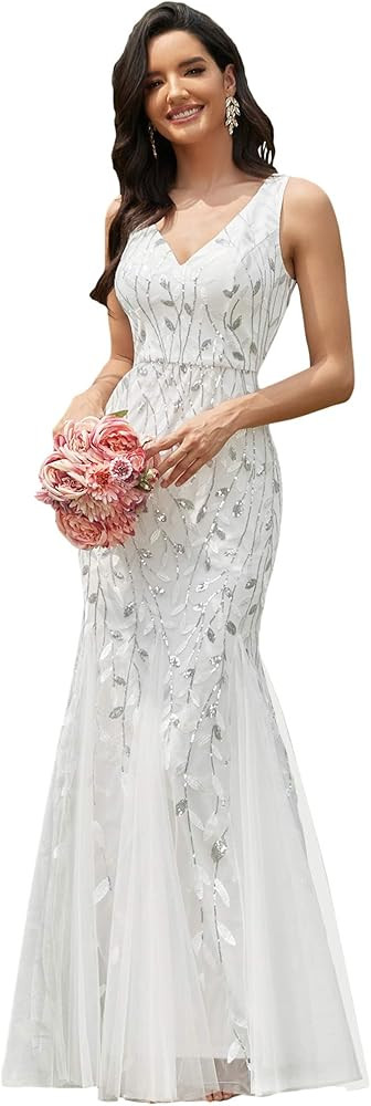 Ever-Pretty Women's Formal Dress Sequin Tulle Double V-Neck Sleeveless Mermaid Long Evening Dress... | Amazon (US)