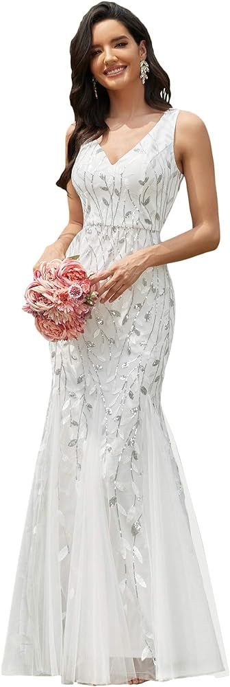 Ever-Pretty Women's Formal Dress Sequin Double V-Neck Sleeveless Mermaid Long Evening Dress 07886 | Amazon (US)